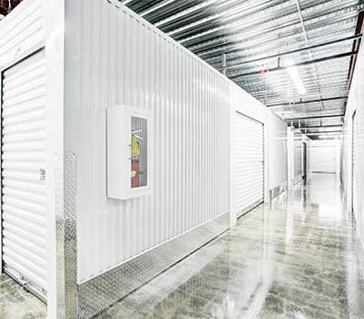 Indoor, climate controlled hallway at a storage facility. 