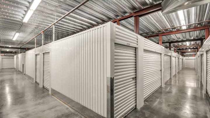 Indoor, climate controlled hallway at a storage facility.