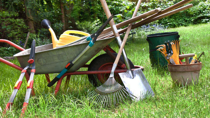Gardening supplies in and leaning against a wheelbarrow.