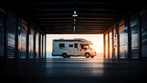RV parked inside a storage facility next to storage lockers